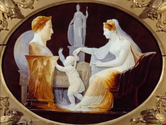 Die Kaiserin Marie Louise führt die ersten Schritte des Königs von Rom Napoleon II, Herzog von Reichstadt (1811-1832), Sohn von Kaiser Napoleon I (1769-1821), vor der Büste seines Vaters. Porzellanteller von Louis Bertin Parant (1768-1851) 1813