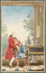 Porträt von Wolfgang Amadeus Mozart (Salzburg, 1756-Wien, 1791) spielt in Paris mit seinem Vater Jean-Georg-Léopold und seiner Schwester Maria-Anna