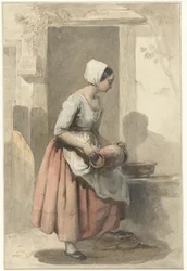 Mädchen mit einem Krug am Eingang eines Hauses