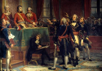 Die drei Konsuln: Bonaparte, Cambaceres und Lebrun empfangen die Eide der Präsidenten. Rechts Emmanuel-Joseph (Emmanuel Joseph) Sieyes (1748-1836) und Pierre-Roger (Pierre Roger) Ducos (Roger Ducos) (1747-1816). Gemälde von Louis Charles Auguste Coud