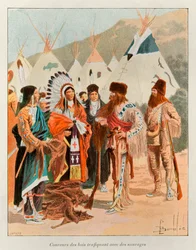 Bombled Louis; Waldläufer und Händler mit Wilden im 18. Jahrhundert (Trapper in Kanada); Geschichte von Neufrankreich von Eugene Guenin - 1900