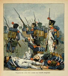 Illustration von Louis Bombled (1862-1927) aus dem Buch „Das Memorial von St. Helena“ von Graf Emmanuel de Las Cases (1766-1842): Grognards in der Schlacht von Wagram