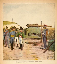 Illustration von Louis Bombled (1862-1927) aus dem Buch „Das Memorial von St. Helena“ von Graf Emmanuel de Las Cases (1766-1842): Kaiser Napoleon besucht die Befestigungen der Insel Aix nach seiner Abdankung