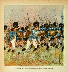 Illustration von Louis Bombled aus dem Buch „Das Memorial von Saint Helena“ von Graf Emmanuel de Las Cases: Bayerische Armee integriert in die Armee Napoleons