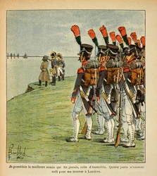 Illustration aus dem Buch „The Memorial of Saint Helene“ von Graf Emmanuel de Las Cases: Die Große Armee in Boulogne, der Kaiser Napoleon betrachtet das England, das er erobern will