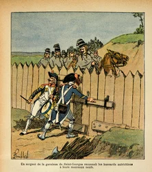 Während des Italienfeldzugs erkennt ein Sergeant der Garnison von St. George die österreichischen Husaren mit ihren neuen Mänteln, aus dem Buch „The Memorial of Saint Helene“ von Graf Emmanuel de Las Cases