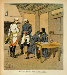 Illustration von Louis Bombled (1862-1927) aus dem Buch „Das Memorial von Saint Helena“ von Graf Emmanuel de Las Cases (1766-1842): Bonaparte, Jean Mathieu Philibert Serrurier (1742-1819) und Johann von Klenau (1758-1819) in Roverbello während des Italienf