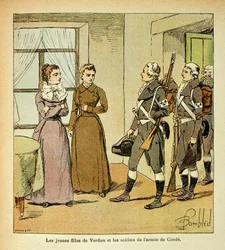 Illustration von Louis Bombled aus dem Buch „Das Memorial von Saint Helene“ von Graf Emmanuel de Las Cases: Die jungen Töchter von Verdun und die Soldaten der Armee von Conde