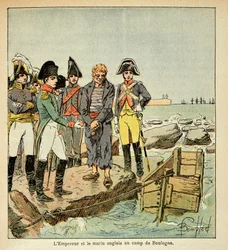 Illustration von Louis Bombled aus dem Buch „Das Memorial von Saint Helene“ von Graf Emmanuel de Las Cases: Ein englischer Matrose, der versucht, sein Land zu erreichen, wird vom Kaiser im Lager von Boulogne befreit