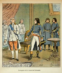 Illustration von Louis Bombled aus dem Buch „Das Memorial von St. Helene“ von Graf Emmanuel de Las Cases: Interview zwischen Bonaparte und Graf Louis Cobenzl, Kanzler von Österreich während des Handels von Campo Formio, Private Sammlung