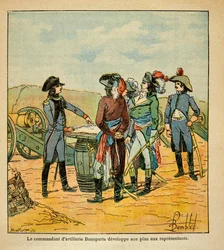 Illustration von Louis Bombled (1862-1927) aus dem Buch „Das Memorial von Saint Helena“ von Graf Emmanuel de Las Cases (1766-1842): Napoleon Bonaparte legt den Kommissaren der Republik seinen Plan zur Einnahme von Toulon dar, Privatbesitz