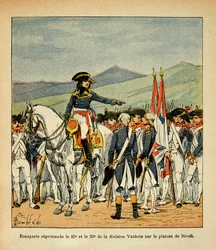 Illustration von Louis Bombled aus dem Buch „Das Memorial von Saint Helene“ von Graf Emmanuel de Las Cases: Bonaparte tadelt das 85. und 39. Vaubois-Regiment auf dem Plateau von Rivoli