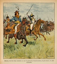 Illustration von Louis Bombled aus dem Buch „Das Memorial von Saint Helene“ von Graf Emmanuel de Las Cases: Joachim Murat führt seine Kavallerie an