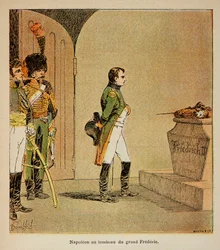 Illustration von Louis Bombled (1862-1927) aus dem Buch „Das Memorial von St. Helena“ von Graf Emmanuel de Las Cases (1766-1842): Napoleon meditiert über den Sarg von Friedrich II. von Preußen in der Krypta der Garnisonkirche in Potsdam im Jahr 1806, Priva