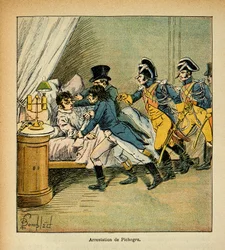 Illustration von Louis Bombled (1862-1927) aus dem Buch „Das Memorial von Saint Helena“ von Graf Emmanuel de Las Cases (1766-1842): Verhaftung von Jean Charles Pichegru (1761-1804) am 28. Februar 1804, Privatbesitz