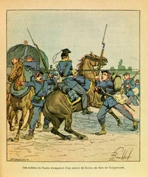 Die östliche Armee von Eugene Sergeant, genannt Grenest, illustriert von Louis Bombled (1862-1927) (Französisch-Deutscher Krieg; Feldzug von 1870-1871): Die Mobilen von Doubs erobern am 23. November 1870 einen Mehlkonvoi vor Voujeaucourt, Teilsammlung