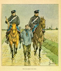 Die Armee des Ostens von Eugene Sergeant, genannt Grenest, illustriert von Louis Bombled (1862-1927) (Französisch-Deutscher Krieg; Feldzug von 1870-1871): Franc-Schütze nahm die Waffen in die Hand und wurde verhaftet, Sammlung