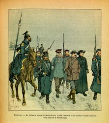 Die Armee des Ostens von Eugene Sergent, dit Grenest, illustriert von Louis Bombled (Deutsch-Französischer Krieg; Feldzug von 1870-1871): Januar 1871, Hericourt, M. Lalance, Bürgermeister von Montbeliard, Abbe Chaumet und Vuillier, unter preußischer Esk