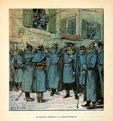 Die Armee der Loire von Eugene Sergent, illustriert von Louis Bombled (Deutsch-Französischer Krieg; Feldzug von 1870-1871): Der französische Kapitän Pendezec und der preußische General Treskow trafen sich während des Rückzugs der Franzosen aus der Stadt Or