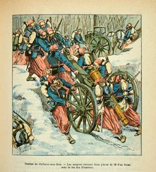Die Armee der Loire von Eugene Sergent, illustriert von Louis Bombled (Deutsch-Französischer Krieg; Feldzug von 1870-1871): Schlacht von Chilleurs aux Bois im Dezember 1870, die Zuaven entfernten unter Beschuss der Preußen zwei 12-Pfünder aus einer Grube