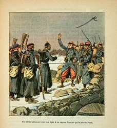 Die Armee der Loire von Eugene Sergent, genannt Grenest, illustriert von Louis Bombled (Französisch-Deutscher Krieg; Feldzug von 1870-1871): Ein deutscher Offizier übergibt sein Schwert einem französischen Korporal, der es in den Wind wirft