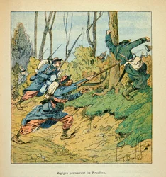Die Armee der Loire von Eugene Sergent, genannt Grenest, illustriert von Louis Bombled (Französisch-Deutscher Krieg; Feldzug von 1870-1871): Französische Soldaten verfolgen Preußen während des Krieges von 1870