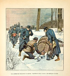 Die Armee der Loire von Eugene Sergent, dit Grenest, illustriert von Louis Bombled (Deutsch-Französischer Krieg; Feldzug von 1870-1871): Die Soldaten der Marineinfanterie füllen ihre Dosen mit einem Fass Rum