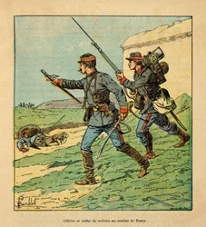 Die Armee der Loire von Eugene Sergent, genannt Grenest, illustriert von Louis Bombled (1862-1927) (Deutsch-Französischer Krieg; Feldzug von 1870-1871): Offizier und Mobiler des Cher in der Schlacht von Toury (Eure-et-Loire) am 5. Oktober 1870, Privatbesit