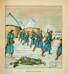 Die Armee der Loire von Eugene Sergent, illustriert von Louis Bombled (Deutsch-Französischer Krieg; Feldzug von 1870-1871): Die Tirailleure des 34. Marschregiments in den Kämpfen von Poupry im Dezember 1870