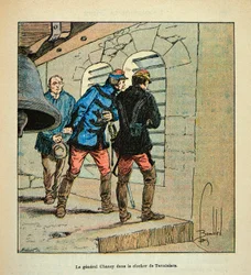 Die Armee der Loire von Eugene Sergent, illustriert von Louis Bombled (Deutsch-Französischer Krieg; Feldzug von 1870-1871): General Chanzy im Glockenturm von Terminiers während der Schlacht von Loigny im Dezember 1870