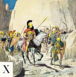 Buchstabe X: Xenophon (430-355 v. Chr.), griechischer Militärführer, und seine Armee, "Je serai soldat" - Militäralphabet
