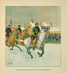 Die Armee der Loire von Eugene Sergent, genannt Grenest, illustriert von Louis Bombled (Französisch-Deutscher Krieg; Feldzug von 1870-1871): Oberst Lipowski bereist die Schlachtlinien von Alencon im Januar 1871