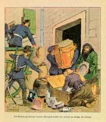 Die östliche Armee von Eugene Sergeant, genannt Grenest, illustriert von Louis Bombled (1862-1927) (Französisch-Deutscher Krieg; Feldzug von 1870-1871): Die Frauen, die der deutschen Armee folgten, halfen den Soldaten, die Stadt Cussey nach der Einnahme im