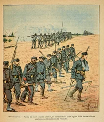 Die östliche Armee von Eugene Sergeant, genannt Grenest, illustriert von Louis Bombled (1862-1927) (Französisch-Deutscher Krieg; Feldzug von 1870-1871): In Provenchères, die Mobilisierten der 2. Legion der Oberen Marne gezwungen, sich unter der Überzahl de