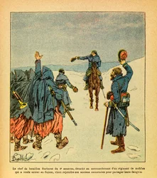 Die Ostarmee von Eugène Sergeant, genannt Grenest, illustriert von Louis Bombled (1862-1927) (Deutsch-Französischer Krieg; Feldzug von 1870-1871): Der Anführer der Barberet-Bataillone des 4. Zuavenregiments wird abkommandiert, um ein Regiment der