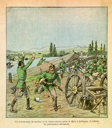 Die Armee des Ostens von Eugene Sergeant, illustriert von Louis Bombled: Ein französisches Detachement und Scharfschützen überquerten den Rhein und erschütterten die deutschen Brückenarbeiter, Private Sammlung