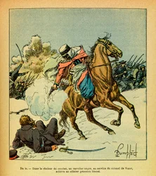 Die Ostarmee von Eugène Sergeant, bekannt als Grenest, illustriert von Louis Bombled (1862-1927) (Deutsch-Französischer Krieg; Feldzug von 1870-1871): Januar 1871, ein Schwarzer Reiter im Dienst von Oberst De Vezet gibt einem verwundeten preußischen