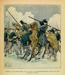 Die Ostarmee von Eugene Sergeant, bekannt als Grenest, illustriert von Louis Bombled (1862-1927) (Deutsch-Französischer Krieg; Feldzug von 1870-1871): Januar 1871, Hericourt, die Motive des Var, unter dem Befehl von Kommandant Saint Martin, jagen die Ulane