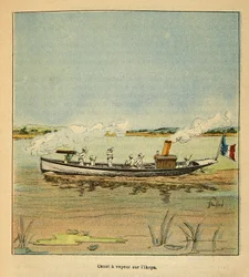 Der Krieg in Madagaskar - Anekdotische Geschichte der französischen Expeditionen von 1885-1895 von Henri Galli dit Galllichet (1854-1922), illustriert von Louis Bombled (1862-1927): Französische Kanoniere auf dem Ikopa-Fluss in Madagaskar im Jahr 1895, Pri