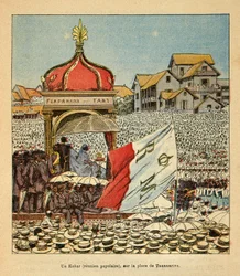 Der Krieg in Madagaskar - Anekdotische Geschichte der französischen Expeditionen von 1885-1895 von Henri Galli dit Galllichet, illustriert von Louis Bombled: Ein Kabar (Volksversammlung) auf dem Platz von Tananarive im 19. Jahrhundert in Anwesenheit des Kö