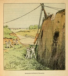 Der Krieg in Madagaskar - Anekdotische Geschichte der französischen Expeditionen von 1885-1895 von Henri Galli dit Galllichet (1854-1922), illustriert von Louis Bombled (1862-1927): Bewaffnung des Forts von Tamatave durch französische Truppen im Jahr 1895,