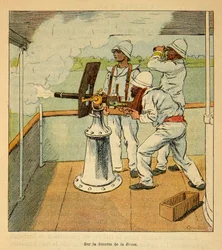 Der Krieg in Madagaskar - Anekdotische Geschichte der französischen Expeditionen von 1885-1895 von Henri Galli dit Galllichet (1854-1922), illustriert von Louis Bombled (1862-1927): Kanonenschuss auf die Hovas an Bord der Kanoniere „La Brave“ im Jahr 1895,