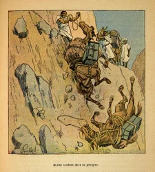 Der Krieg in Madagaskar - Anekdotische Geschichte der französischen Expeditionen von 1885-1895 von Henri Galli, illustriert von Louis Bombled: Maultiere eines Militärkonvois stürzen in einen Abgrund