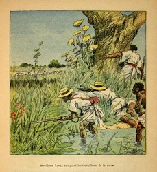 Der Krieg in Madagaskar - Anekdotische Geschichte der französischen Expeditionen von 1885-1895 von Henri Galli dit Galllichet, illustriert von Louis Bombled: Hovas Tirailleurs greifen das Militär beim Straßenbau 1895 an