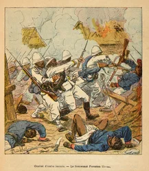 Der Krieg in Madagaskar - Anekdotische Geschichte der französischen Expeditionen von 1885-1895 von Henri Galli dit Galllichet (1854-1922), illustriert von Louis Bombled (1862-1927): Leutnant Foreston wird während der Schlachten von Ambolomonty im Jahr 1895