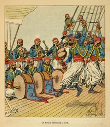 Der Krieg in Madagaskar - Anekdotische Geschichte der französischen Expeditionen von 1885-1895 von Henri Galli, illustriert von Louis Bombled: Die Nouba der Turcos an Bord des Schiffes nach Madagaskar