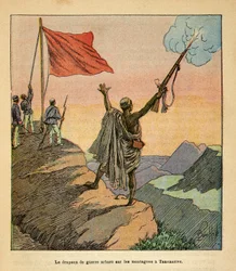 Der Krieg in Madagaskar - Anekdotische Geschichte der französischen Expeditionen von 1885-1895 von Henri Galli, illustriert von Louis Bombled: Die malagassische rote Kriegsflagge auf den Tananarive-Bergen