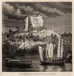 Ein Felsen mit Pagodenstufen und verschiedene Boote auf dem blauen Fluss (China), Gravur nach der Zeichnung von L. Delaporte, zur Illustration der Entdeckungsreise in Indochina von Francis Garnier, Schiffslieutenant, 1866-1868, veröffentlicht in "Le tour d
