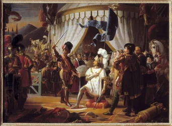 Franz I. von Frankreich bittet den Chevalier Bayard nach dem Sieg in der Schlacht von Marignano, Italien, 1515, zum Ritter geschlagen zu werden