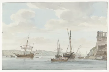 Gartenhaus des Jardin du Grand Maître über dem Hafen mit Galeerenschiffen auf Malta